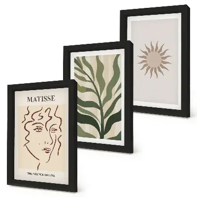 Abstraktné rastlinné vzory a čiary v tlmených farbách triptych v ráme
