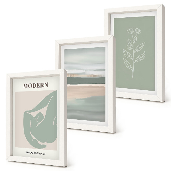 Triptych v ráme Abstraktné tvary v pastelových odtieňoch s rastlinami