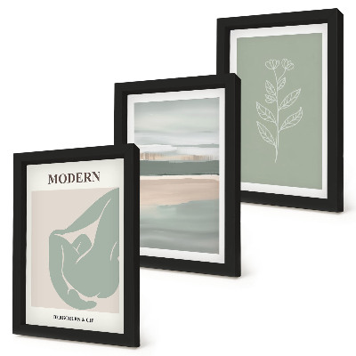 Triptych v ráme Abstraktné tvary v pastelových odtieňoch s rastlinami
