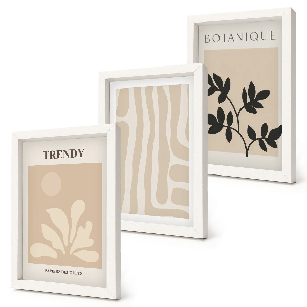 Triptych v ráme Štýlové rastlinné vzory v odtieňoch béžovej a čiernej
