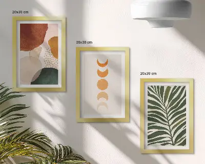 Abstraktné tvary a listy v teplých farbách triptych v ráme