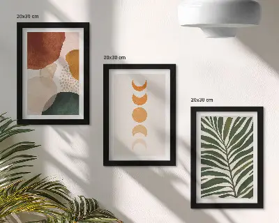 Abstraktné tvary a listy v teplých farbách triptych v ráme