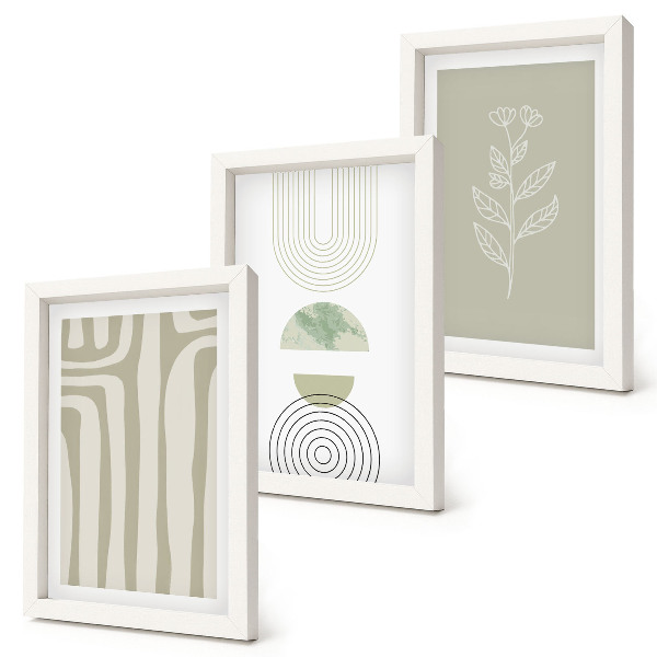 Triptych v ráme Geometrické vzory s rastlinnými akcentmi v odtieňoch zelenej