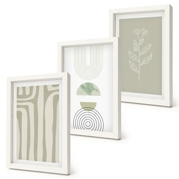 Geometrické vzory s rastlinnými akcentmi v odtieňoch zelenej triptych v ráme