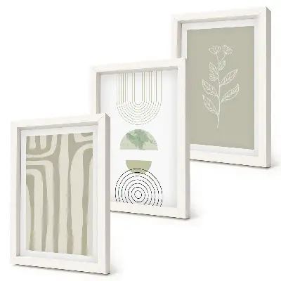 Geometrické vzory s rastlinnými akcentmi v odtieňoch zelenej triptych v ráme
