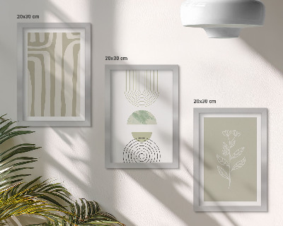 Triptych v ráme Geometrické vzory s rastlinnými akcentmi v odtieňoch zelenej