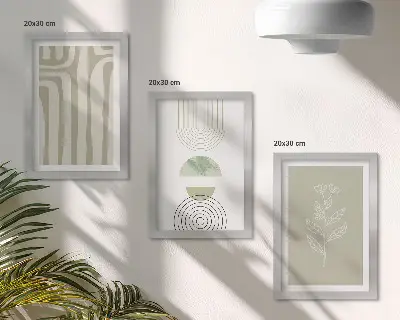 Geometrické vzory s rastlinnými akcentmi v odtieňoch zelenej triptych v ráme