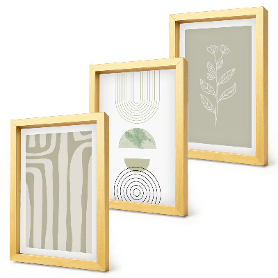 Triptych v ráme Geometrické vzory s rastlinnými akcentmi v odtieňoch zelenej