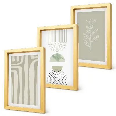 Geometrické vzory s rastlinnými akcentmi v odtieňoch zelenej triptych v ráme