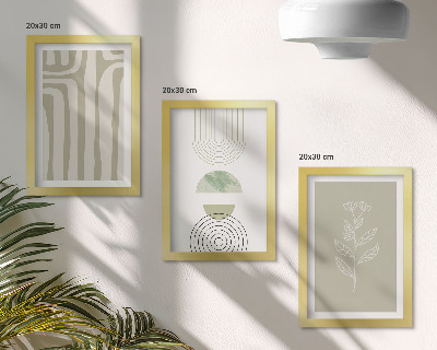 Triptych v ráme Geometrické vzory s rastlinnými akcentmi v odtieňoch zelenej