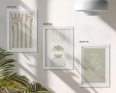 Geometrické vzory s rastlinnými akcentmi v odtieňoch zelenej triptych v ráme