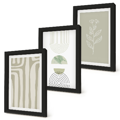 Triptych v ráme Geometrické vzory s rastlinnými akcentmi v odtieňoch zelenej