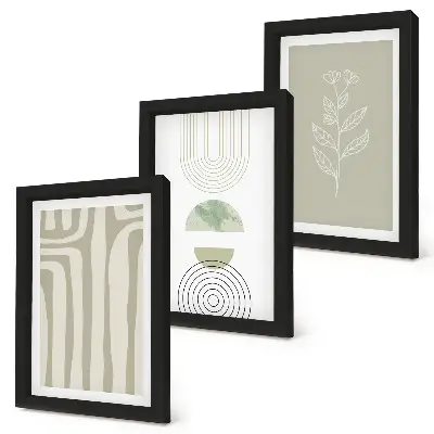 Geometrické vzory s rastlinnými akcentmi v odtieňoch zelenej triptych v ráme