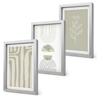 Triptych v ráme Geometrické vzory s rastlinnými akcentmi v odtieňoch zelenej