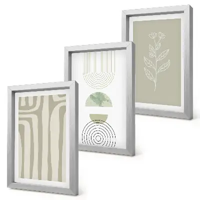 Geometrické vzory s rastlinnými akcentmi v odtieňoch zelenej triptych v ráme