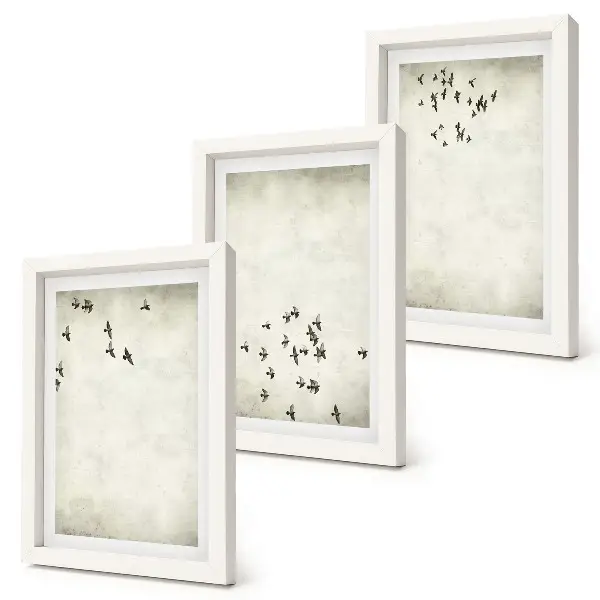 Minimalistický obraz lietajúcich vtákov triptych v ráme