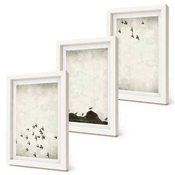 Triptych v ráme Vtáky za letu maľované minimalistickým štýlom