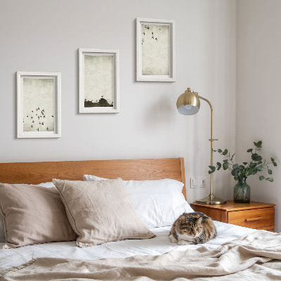 Triptych v ráme Vtáky za letu maľované minimalistickým štýlom