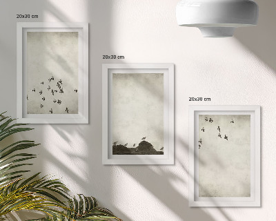 Triptych v ráme Vtáky za letu maľované minimalistickým štýlom