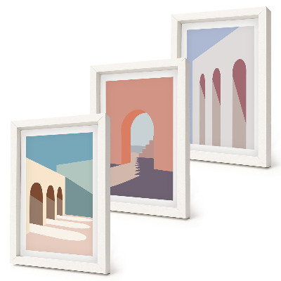 Triptych v ráme Pastelová minimalistická grafika mestskej architektúry