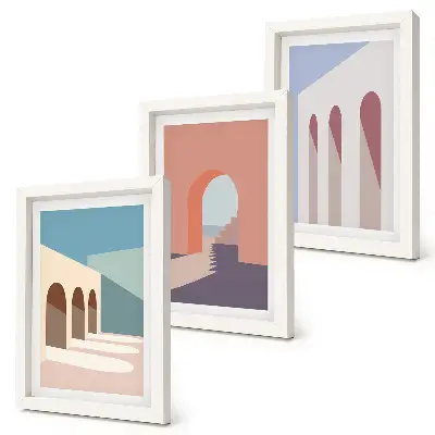 Pastelová minimalistická grafika mestskej architektúry triptych v ráme