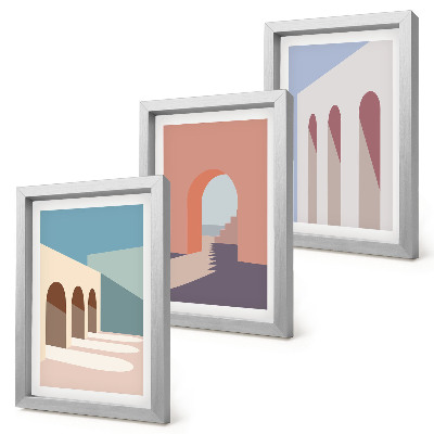 Triptych v ráme Pastelová minimalistická grafika mestskej architektúry
