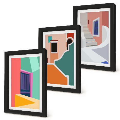 Triptych v ráme Farebné ilustrácie budov moderného štýlu