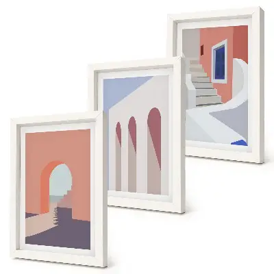 Ilustrácie mestskej architektúry v minimalistickom štýle triptych v ráme