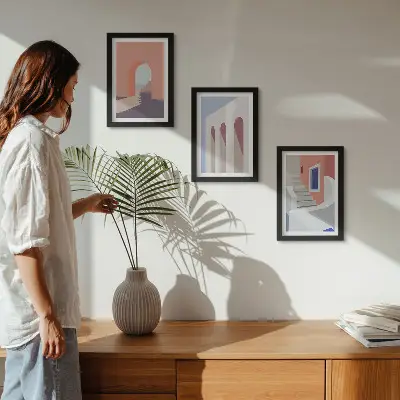 Ilustrácie mestskej architektúry v minimalistickom štýle triptych v ráme