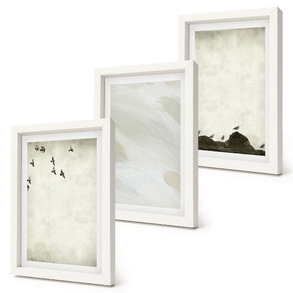 Triptych v ráme Minimalistické dekorácie s vtákmi, kameňmi a ťahmi štetcom