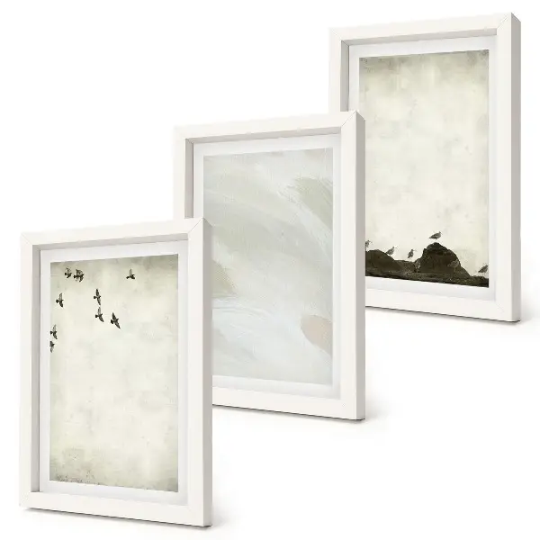 Minimalistické dekorácie s vtákmi, kameňmi a ťahmi štetcom triptych v ráme
