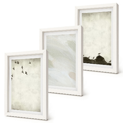 Triptych v ráme Minimalistické dekorácie s vtákmi, kameňmi a ťahmi štetcom