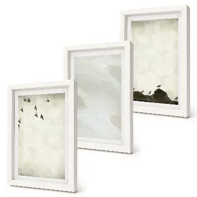 Minimalistické dekorácie s vtákmi, kameňmi a ťahmi štetcom triptych v ráme