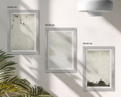 Triptych v ráme Minimalistické dekorácie s vtákmi, kameňmi a ťahmi štetcom