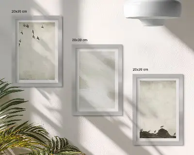 Minimalistické dekorácie s vtákmi, kameňmi a ťahmi štetcom triptych v ráme