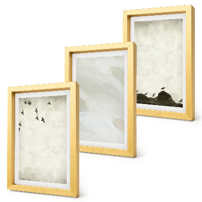 Triptych v ráme Minimalistické dekorácie s vtákmi, kameňmi a ťahmi štetcom