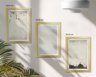 Triptych v ráme Minimalistické dekorácie s vtákmi, kameňmi a ťahmi štetcom