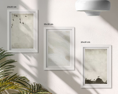 Triptych v ráme Minimalistické dekorácie s vtákmi, kameňmi a ťahmi štetcom