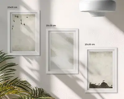 Minimalistické dekorácie s vtákmi, kameňmi a ťahmi štetcom triptych v ráme