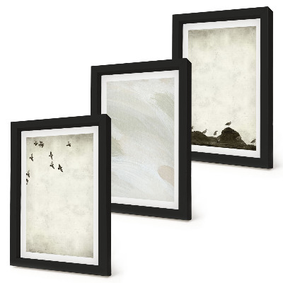 Triptych v ráme Minimalistické dekorácie s vtákmi, kameňmi a ťahmi štetcom