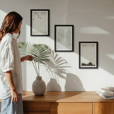 Minimalistické dekorácie s vtákmi, kameňmi a ťahmi štetcom triptych v ráme
