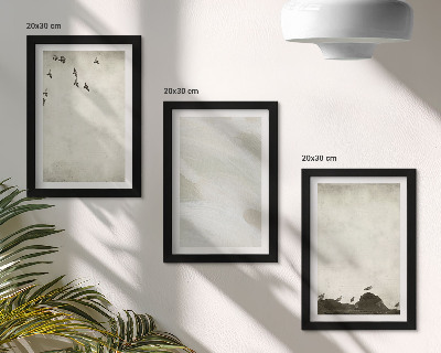 Triptych v ráme Minimalistické dekorácie s vtákmi, kameňmi a ťahmi štetcom