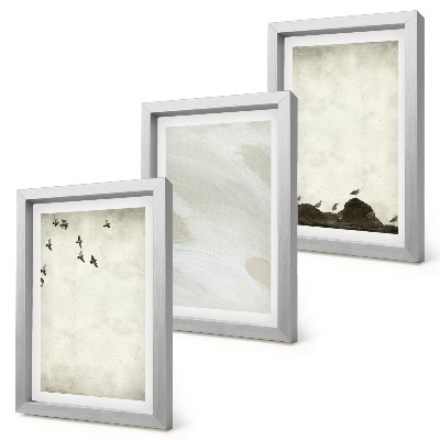 Triptych v ráme Minimalistické dekorácie s vtákmi, kameňmi a ťahmi štetcom