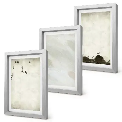 Minimalistické dekorácie s vtákmi, kameňmi a ťahmi štetcom triptych v ráme