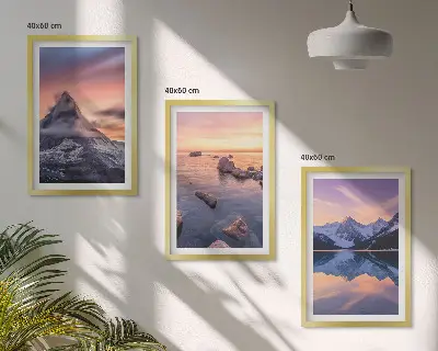 Nástenná galéria horská krajina s jazerom pri západe slnka