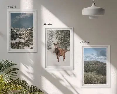 Sada nástenných dekorácií hory so snehom, jeleňom a lesnou krajinou