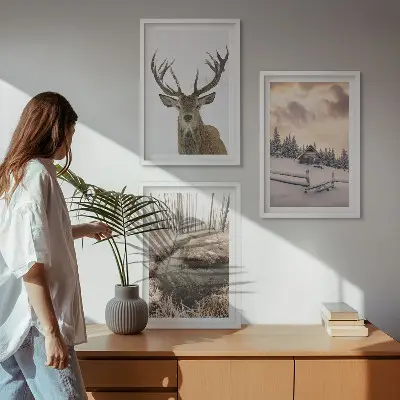 Sada nástenných dekorácií zimná krajina s jelenou chatrčou