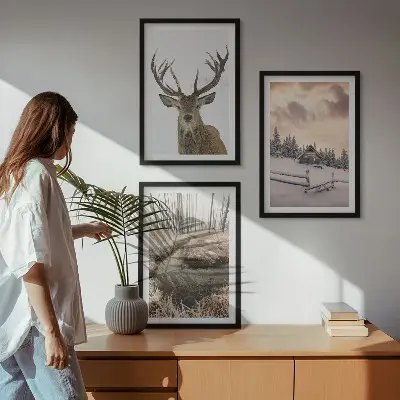 Sada nástenných dekorácií zimná krajina s jelenou chatrčou