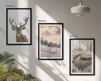 Sada nástenných dekorácií zimná krajina s jelenou chatrčou
