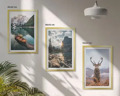 Nástenná galéria horské jazero s loďkou, západom slnka a jeleňom